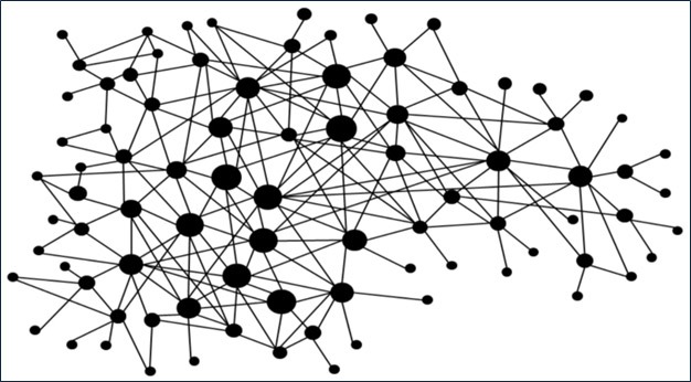 Abstract network diagram: interconnected black nodes of varying sizes linked by edges, suggesting a complex graph or social network.